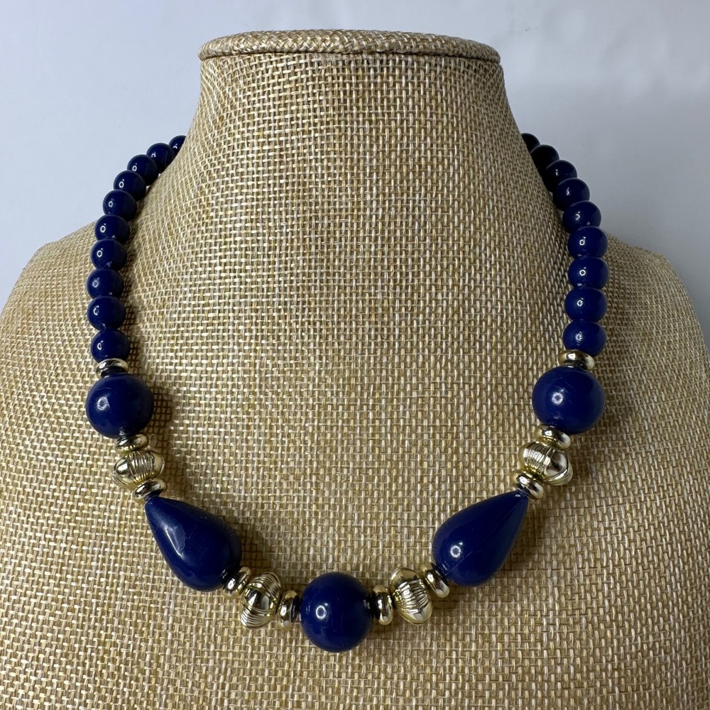 Vintage Blue and Gold Tone Statement Necklace 18" Plastic Chunky Beads Retro 80s